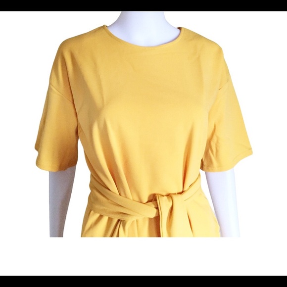 NWT BOOHOO Structured Tie Waist Dress With Scoop Neck Mustard Yellow Size 4 - Picture 5 of 12